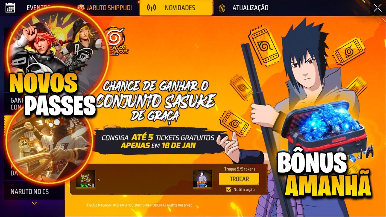 AMANHÃ!! BÔNUS DE DIAMANTES, CHANCE GRÁTIS SASUKE E NOVOS PASSES, MARÇO E ABRIL- NOVIDADES FREE FIRE