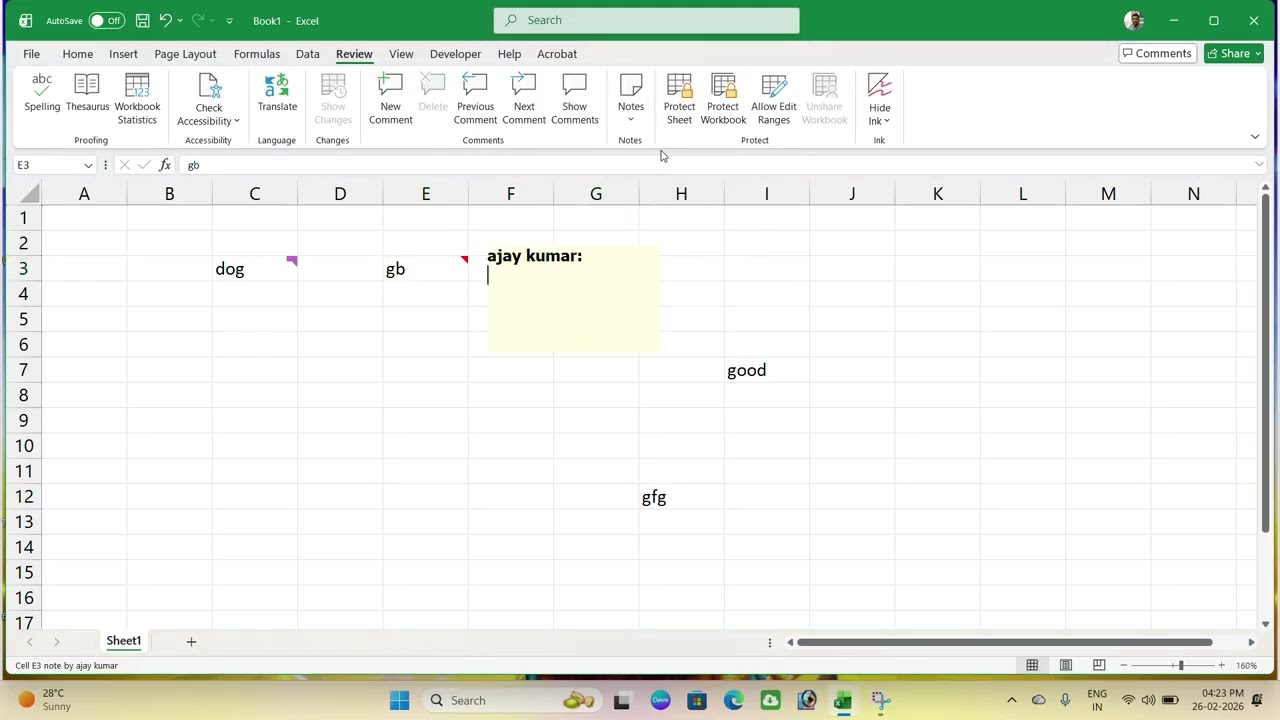 comment and notes option in ms excel Review