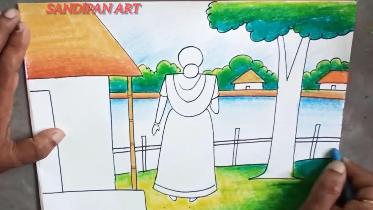 Village scenery drawing/how to draw village scenery
