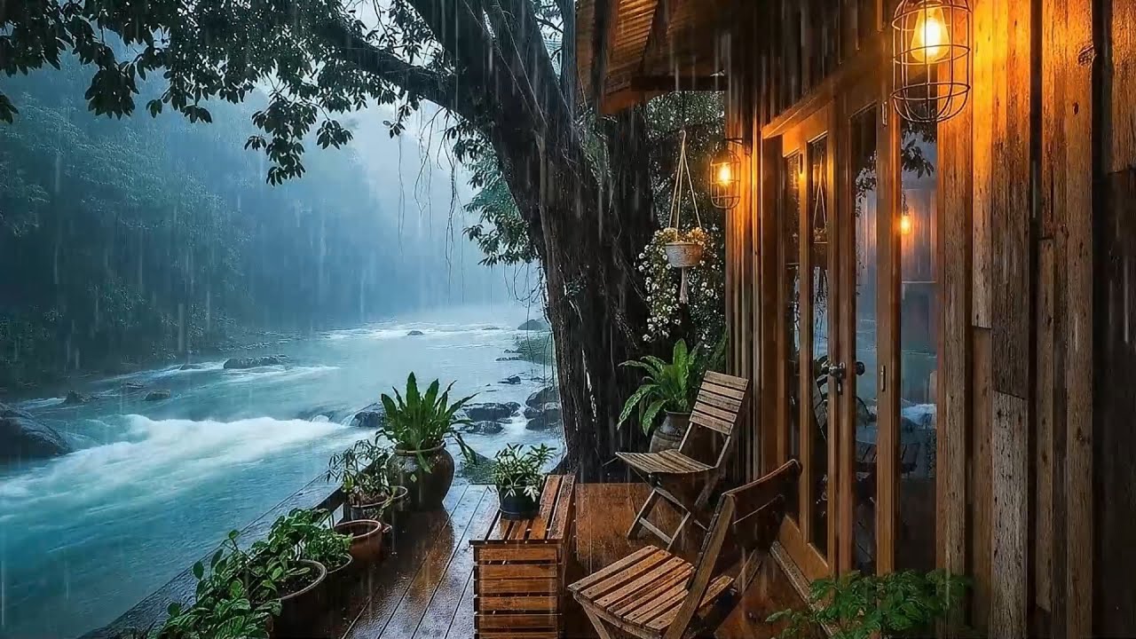 Best Rain Sounds on Wooden Cabin by the Rushing River | Calming Rain Sounds for Stress Relief