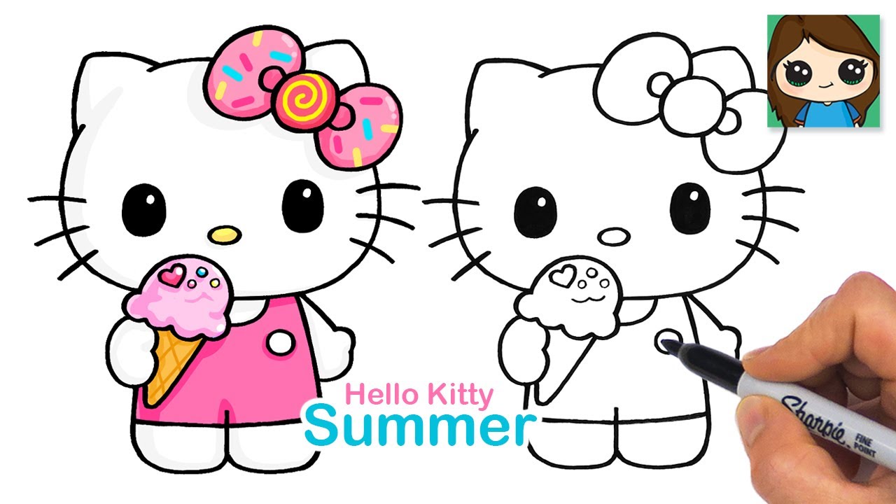 How to Draw Summer Hello Kitty Eating Ice Cream 🍦 Sanrio