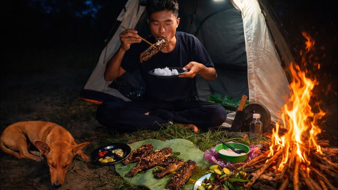Camping in a deserted field with my dog | Catch & cook