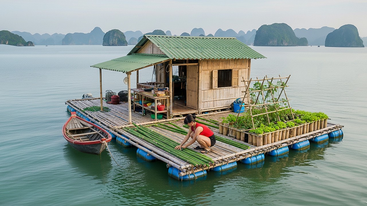 Talented Girl Leaves Civilization to Build a FLOATING BAMBOO HOUSE with Metal Roof