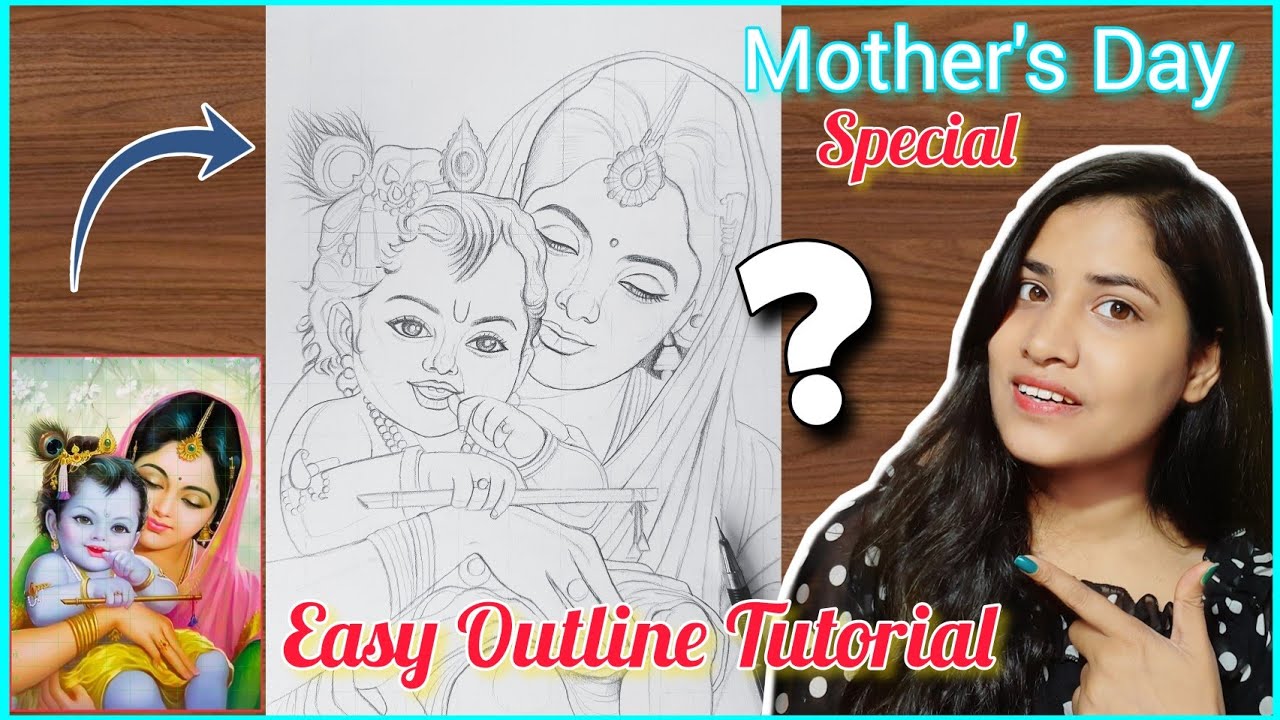 Krishna with Yashoda Maiya drawing, JANMASHTAMI DRAWING 🥰 EASY OUTLINE DRAWING TUTORIAL 🔥