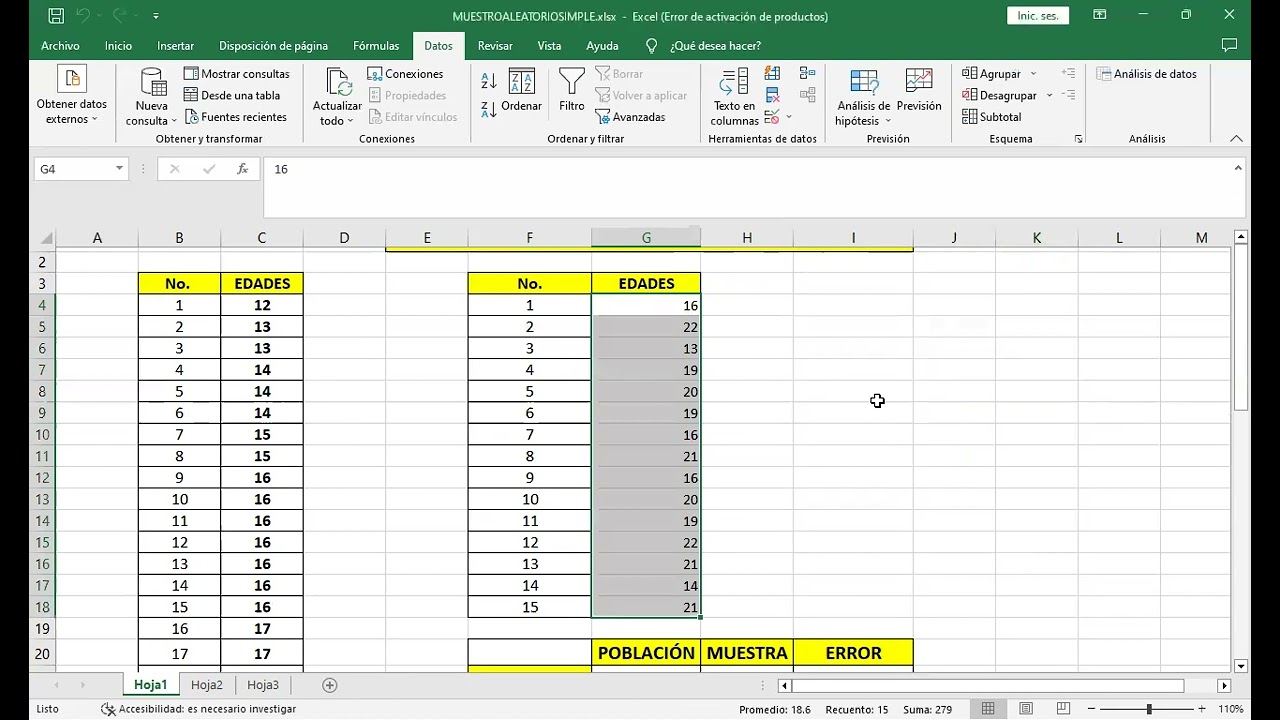 Realizando un muestreo aleatorio simple en Excel de un conjunto de edades