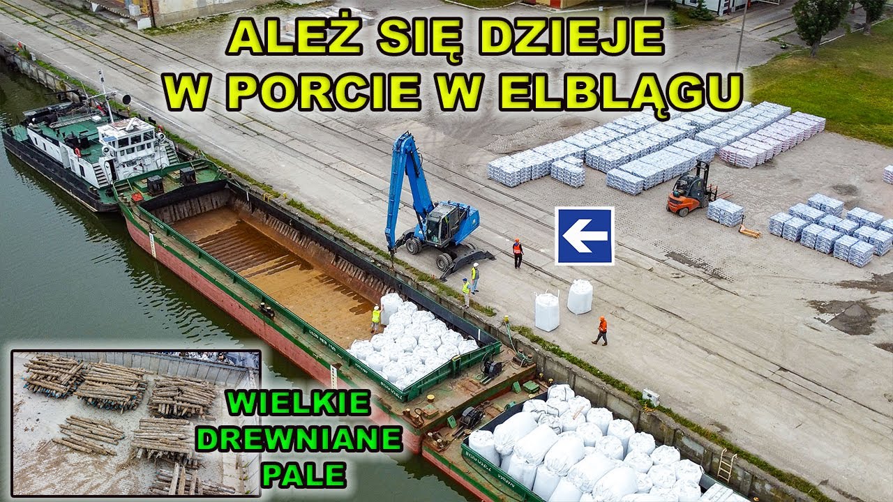 Ależ się dzieje w porcie w Elblągu.Załadunek barki i 