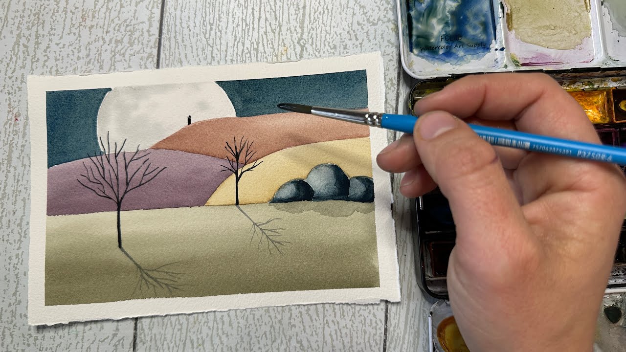 Folk Art Inspired Watercolor Landscape: (The power of mixing complementary colors.)