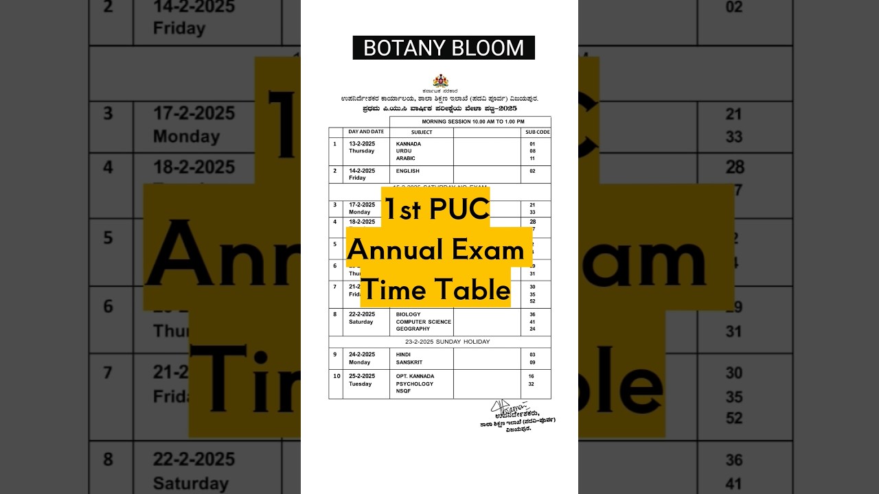 1st PUC Annual Exam Time Table 2025🔥 #shorts #timetable #1stpuc