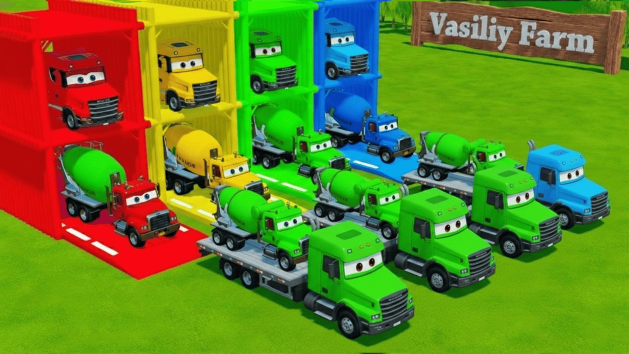 Garage with Colors - ALL MIXER TRUCK WITH DOUBLE FLATBED TRAILER TRUCK, KENWORTH, MAN, SCANIA - FS22