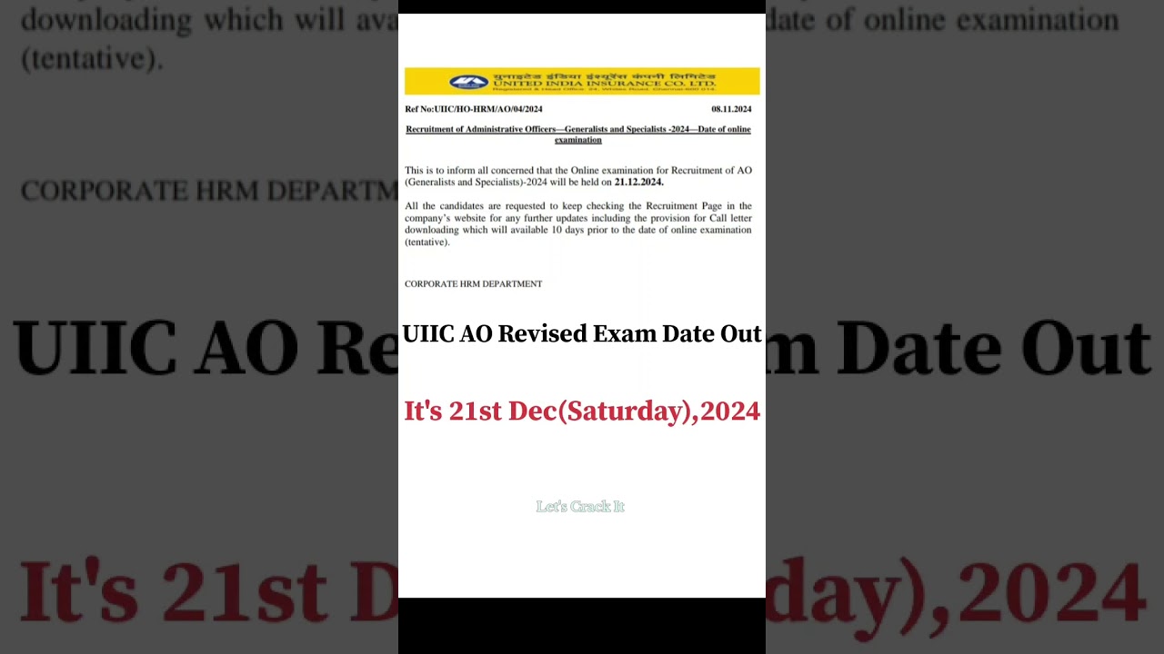 UIIC AO 2024 Exam Date(Revised) Out l#uiicao #insuranceexam