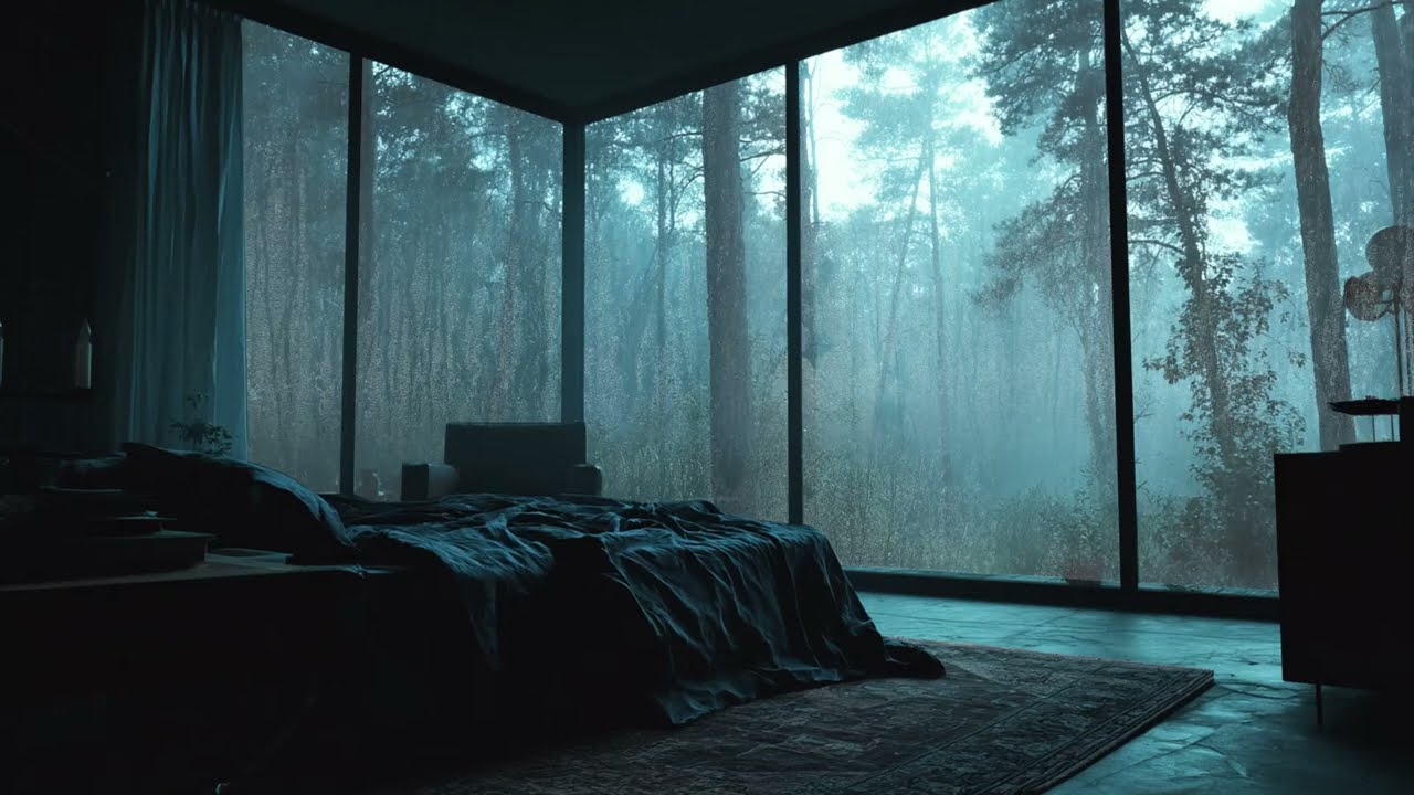 Cozy Cabin Forest Bedroom Rain on Window - Heavy Rain and Thunder Sounds for Deep Sleep Fast