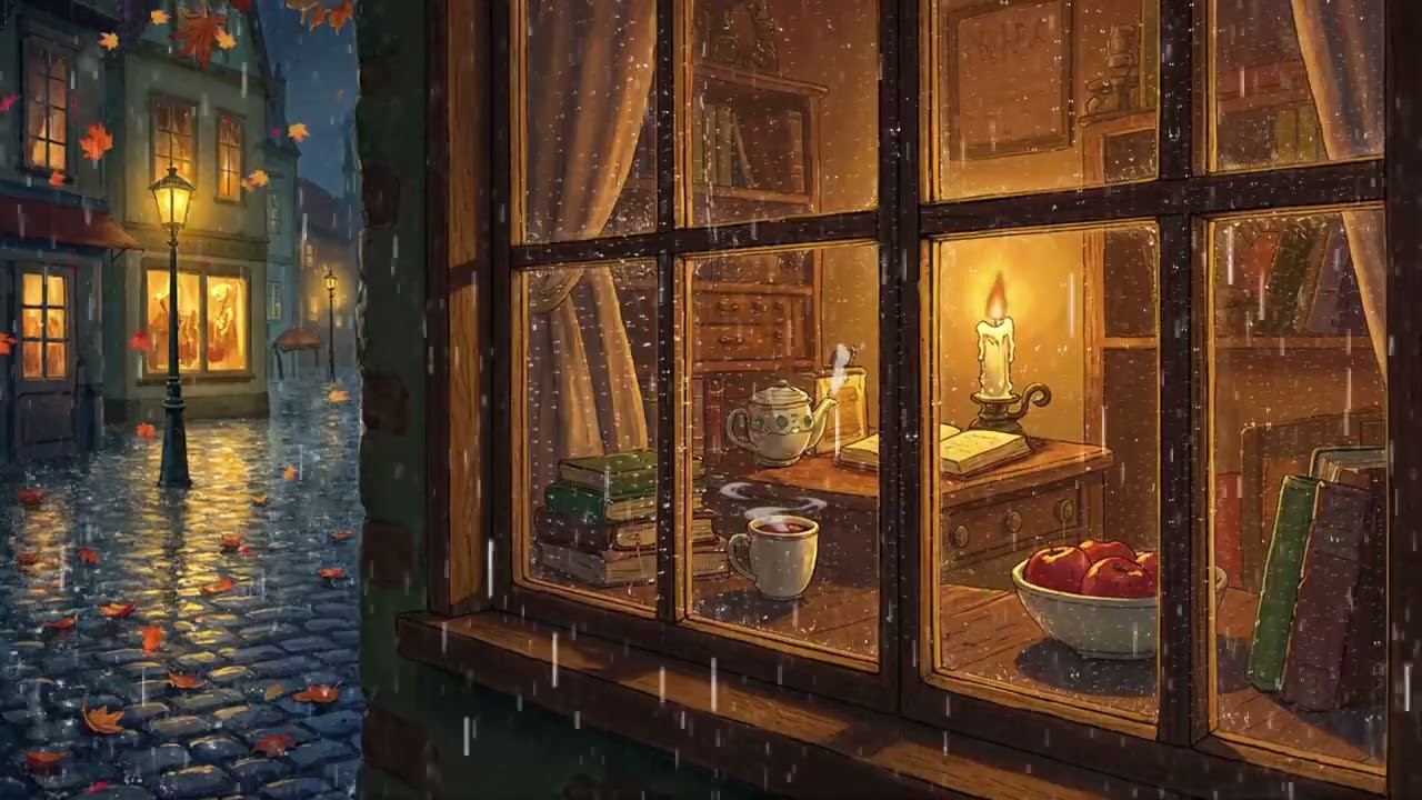 1940s Oldies Playing on a Rainy Night | Autumn Ambience at Old Town Corner for Study & Relaxation