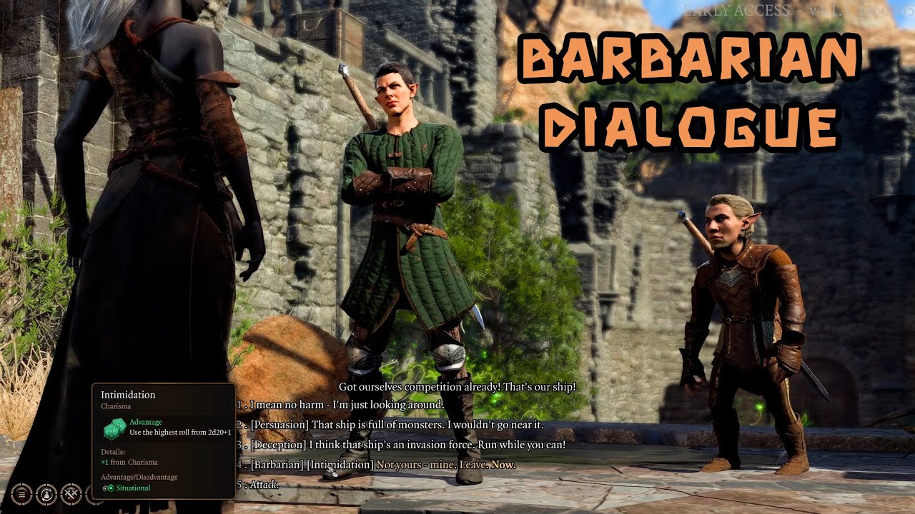 Baldur's Gate 3 Patch 7: Barbarian Dialogue at Dank Crypt Entrance