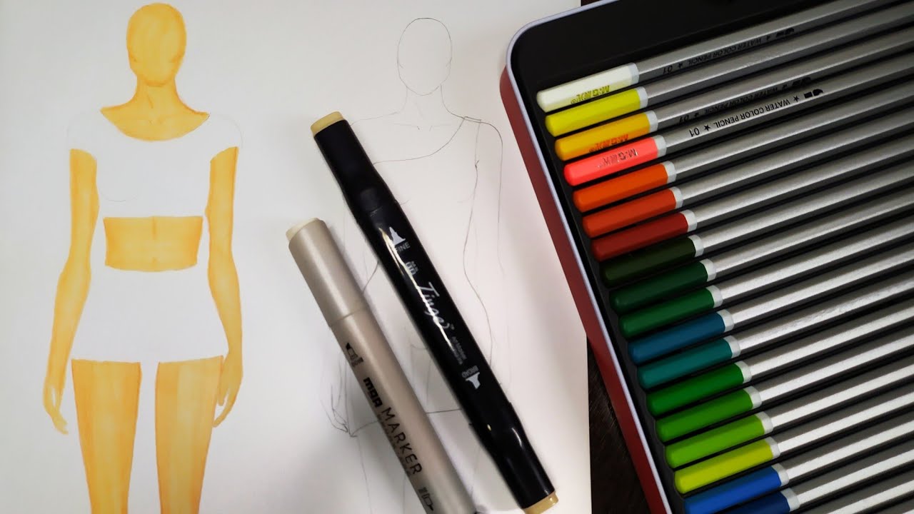 طريقة تلوين جسم المانيكان بألوان الماركر والخشب / بخطوات بسيطة جدا 🖌️🖌️ #كورس_تصميم_أزياء