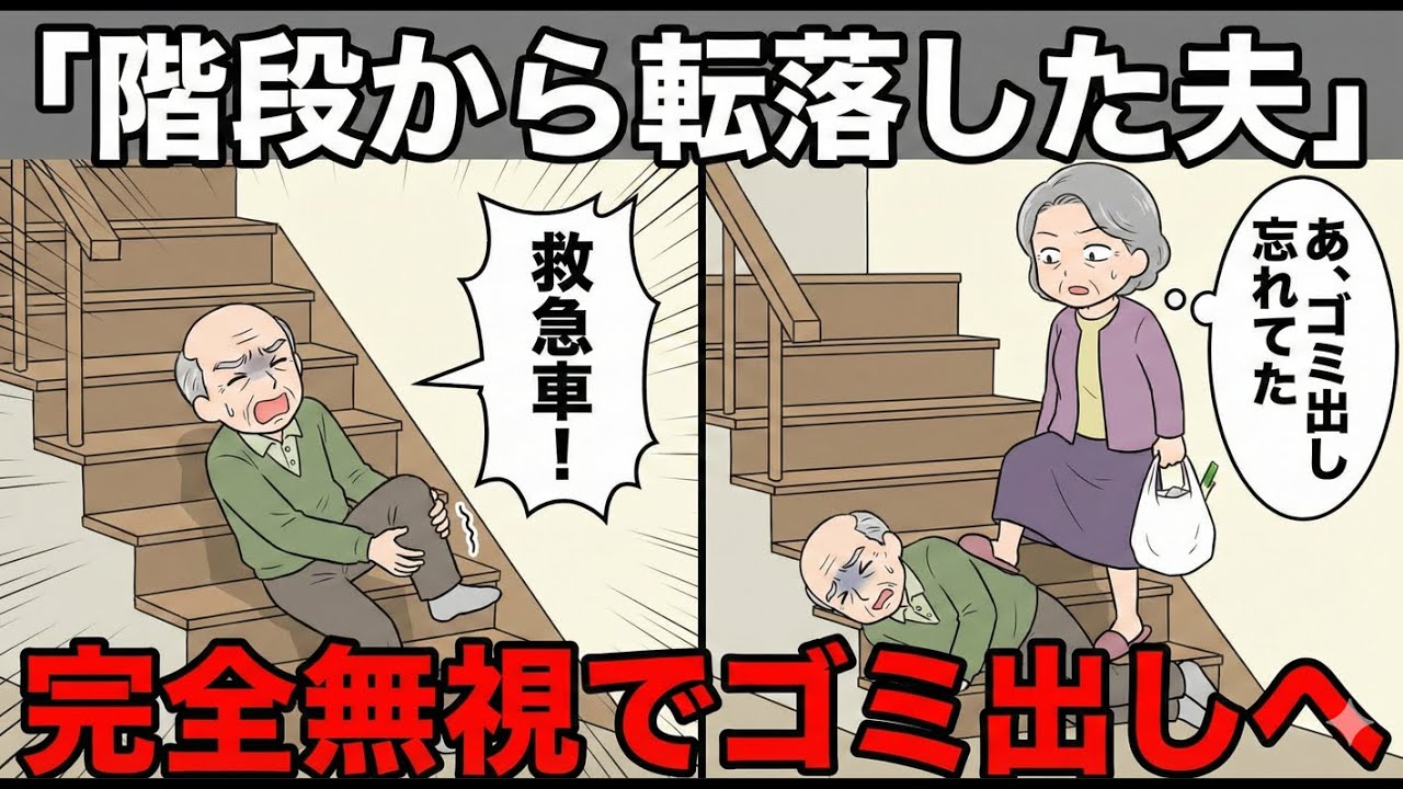 階段から落ちて動けない夫。「おい！救急車！」と叫ぶが、私は夫をまたいで買い物へ。「あ、ゴミ出し忘れてた」→ 夫が絶望した理由【因果応報】