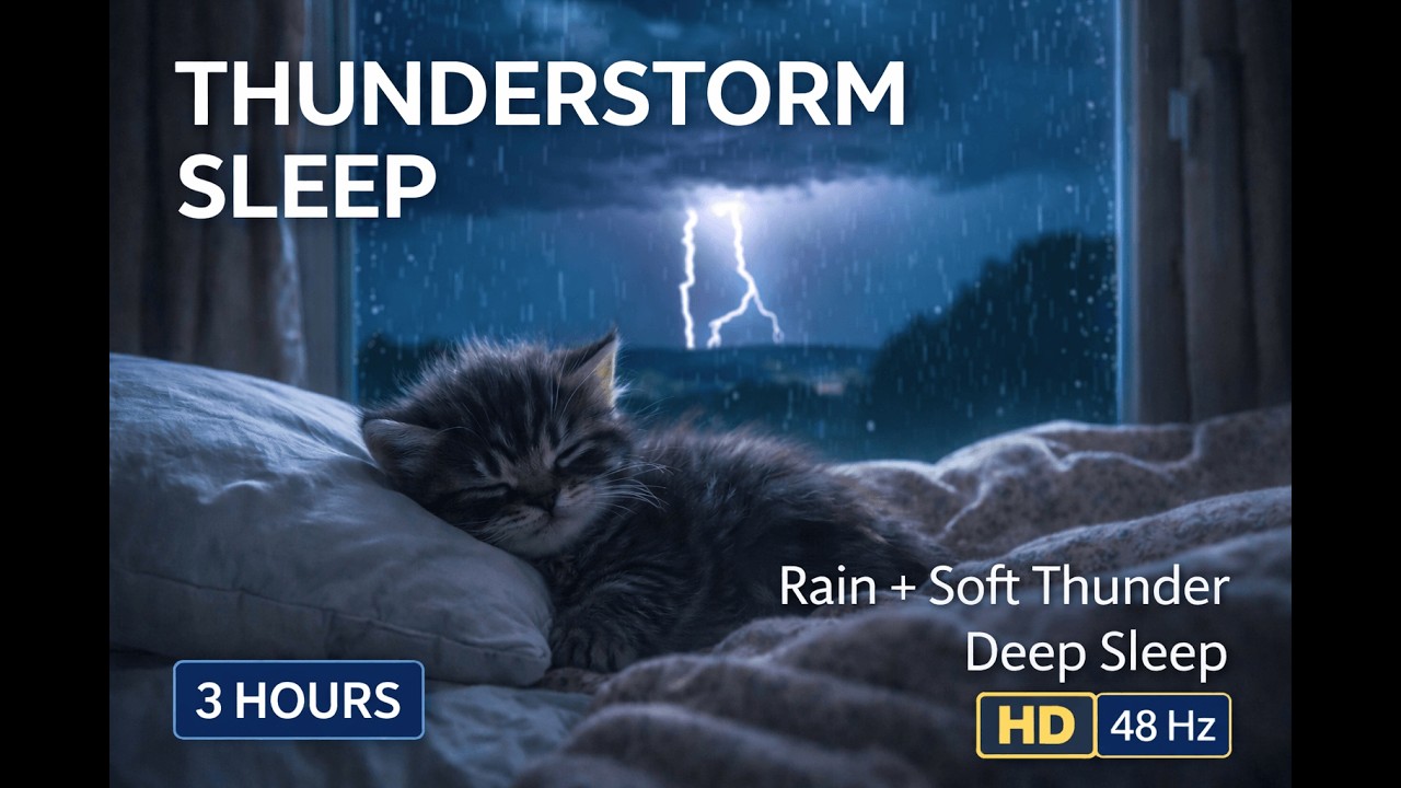 3 Hours Thunderstorm for Deep Sleep ⛈️ Cozy Sleeping Cat • Rain & Thunder Sounds