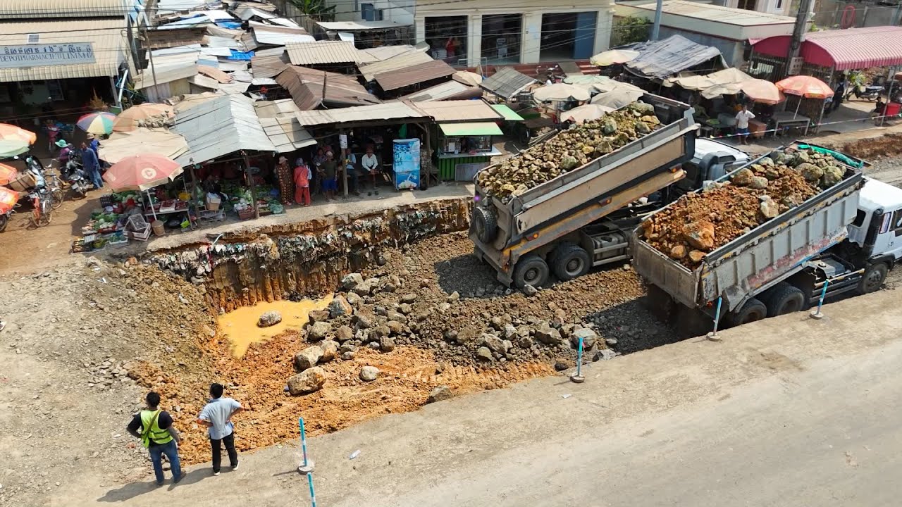 Incredible Action..! Building Foundation New Road By Big Trucks Transport Stone & Expert Dozer Push