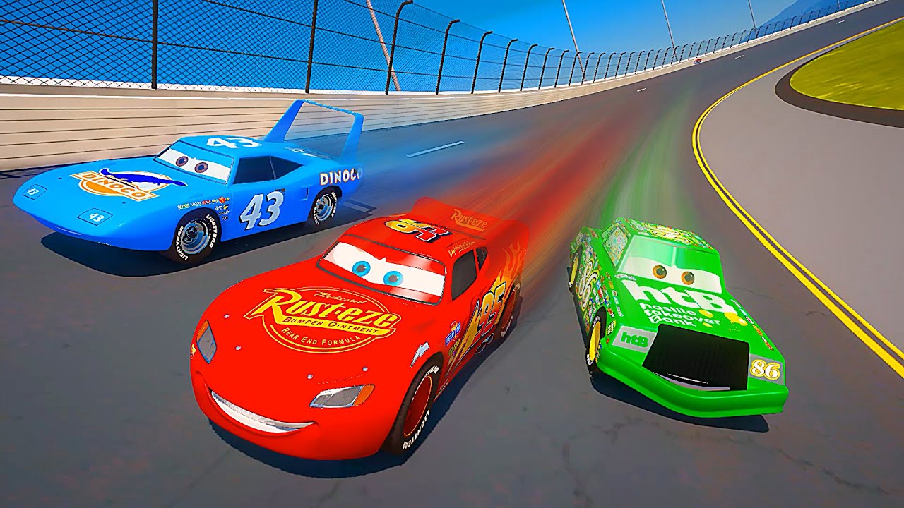Race Cars - Speedway Daytona 500 Lightning McQueen VS The King VS Chick Hicks 3 Laps