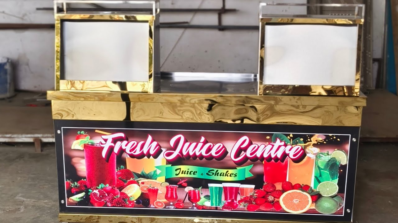 Juice counter || front golden finishing || length 6fit,width 28inch,height 35inch with 3 fruit box.