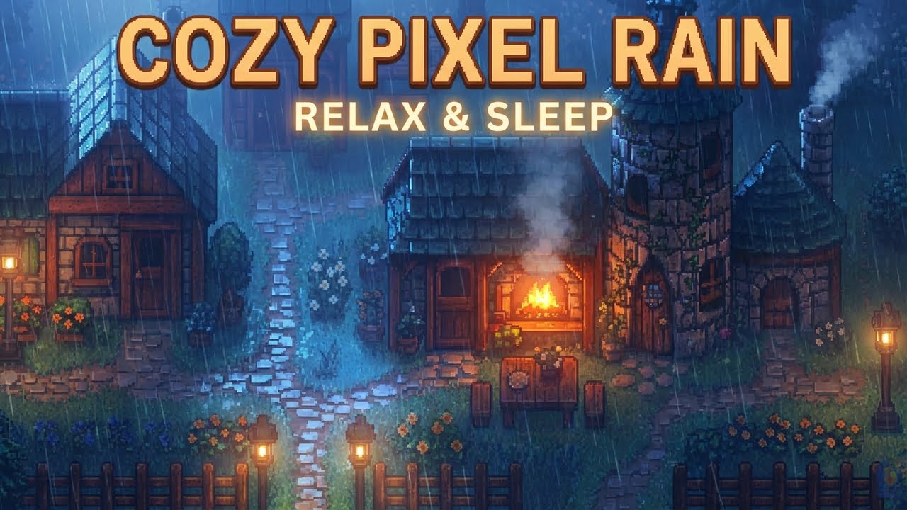 Cozy village rain ASMR pixel art for deep sleep
