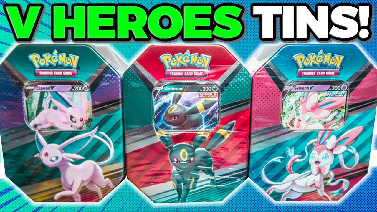 Набор из жестяных банок Pokemon V Heroes ОТКРЫТ! (Эспеон V, Амбреон V и Сильвеон V)