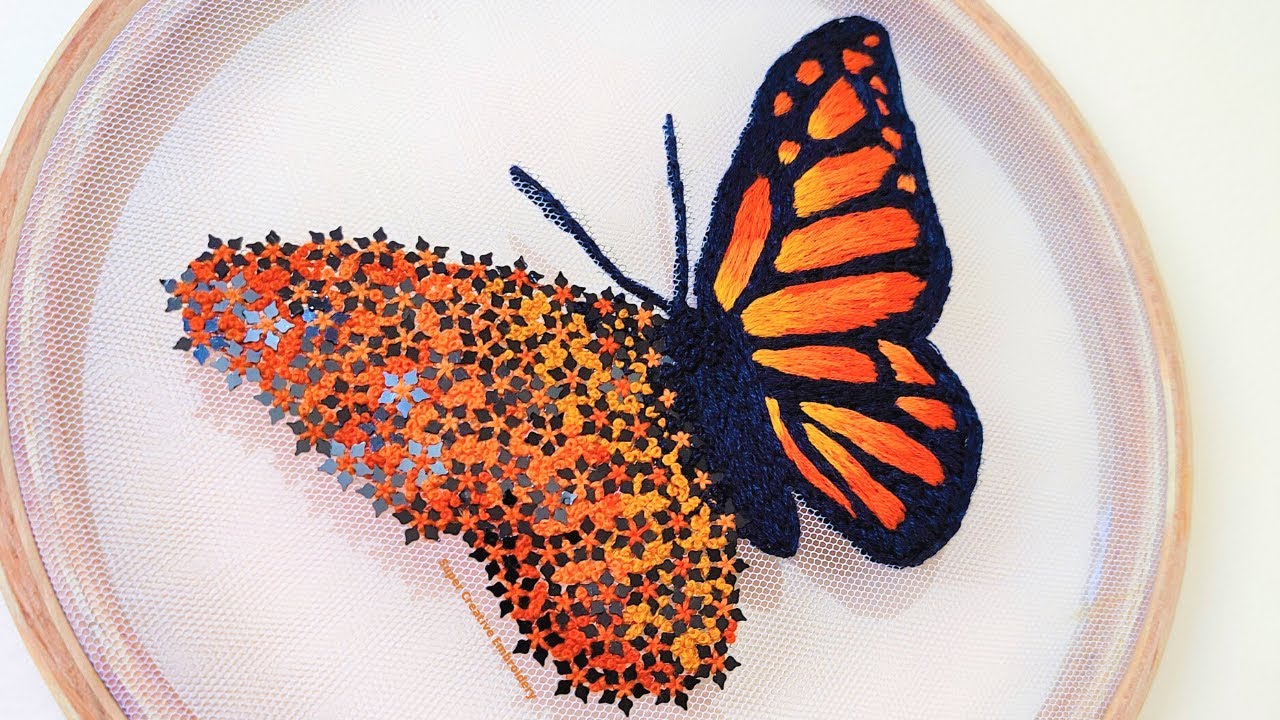 3D Monarch Butterfly Embroidery Design on Mesh/Tulle Fabric / Monarch Butterfly Hoop Art Pattern