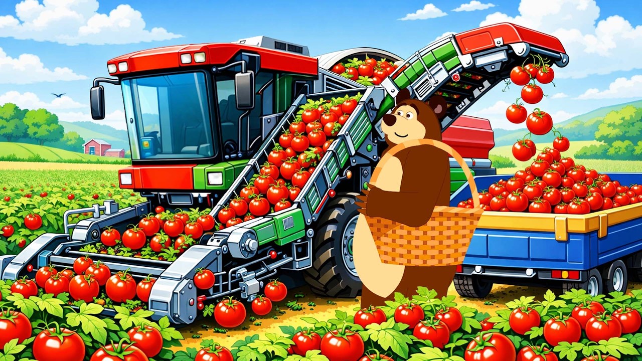 Bear Harvests Tomatoes! 🍅 Tractor & Harvester in Full Action on the Farm | Real Farm Animation