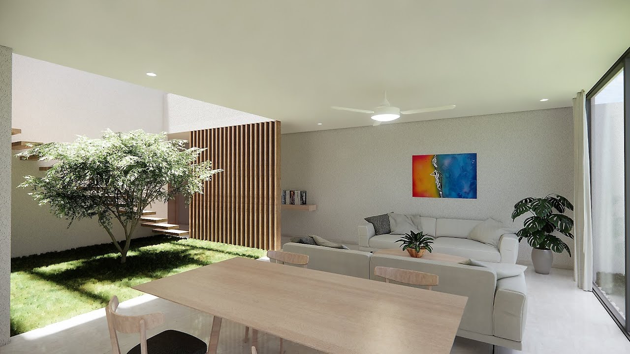 CASA MINIMALISTA CON ARBOL EN EL CENTRO EN TERRENO 10X20m