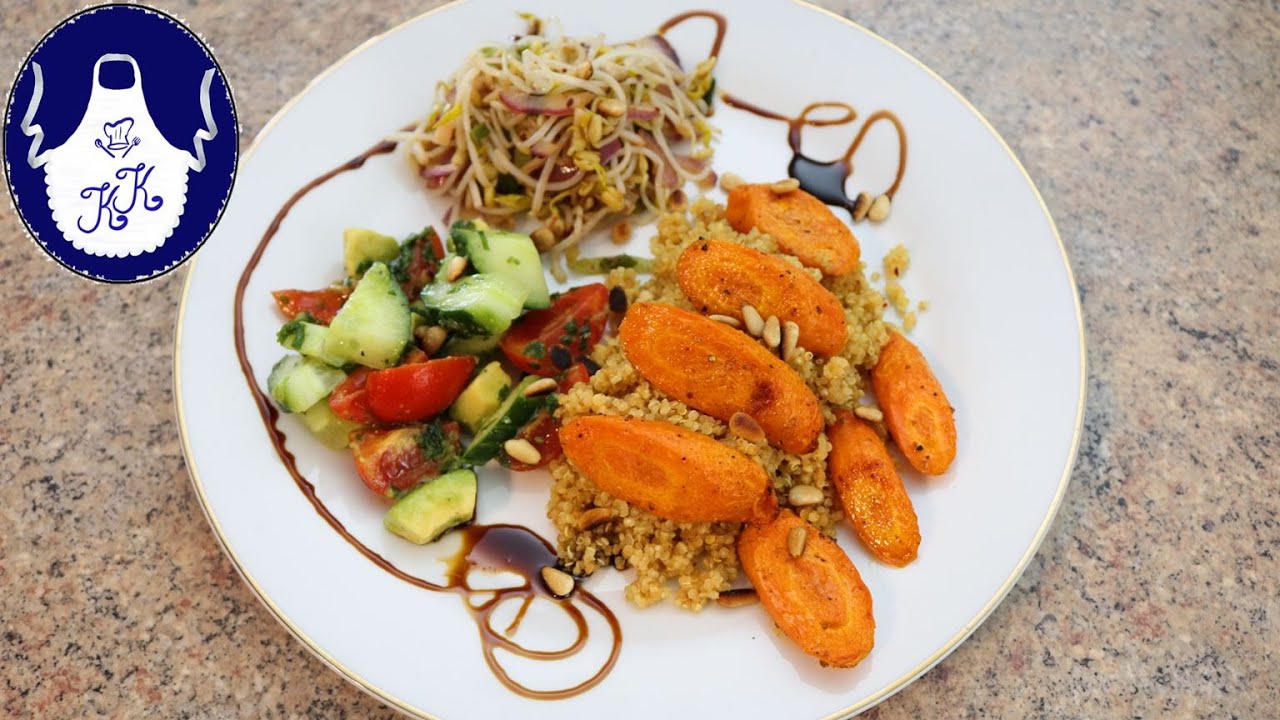 Ein vegetarisches Mittagsessen mit Quinoa, Gemüse und Sprossen