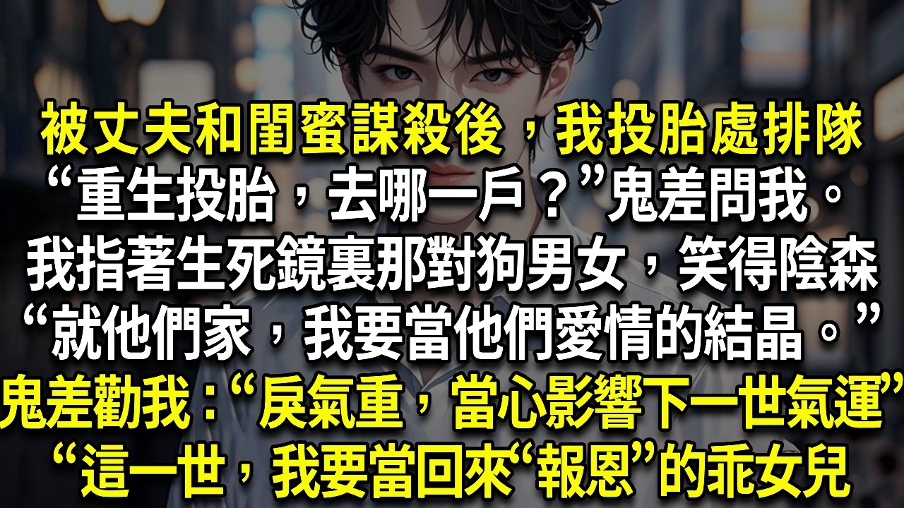被丈夫和閨蜜謀殺後，我投胎處排隊“投胎去哪一戶？”我指著生死鏡裏那對狗男女“就他們家，我要當他們愛情的結晶。”鬼差勸我：“戾氣重，當心影響下一世氣運。”“這一世，我要當一個，回來“報恩”的乖女兒