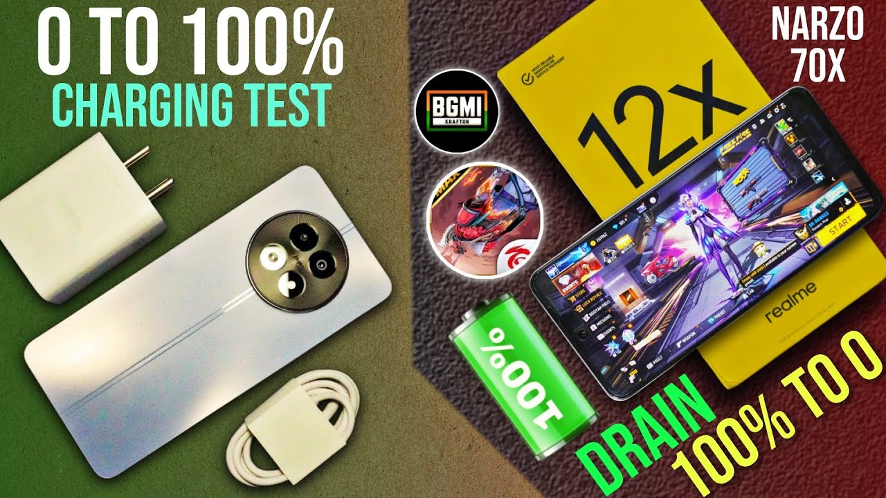 Realme 12X 100% to 0 Battery🔋drain & charging test || Free Fire & Bgmi detail test with recording...