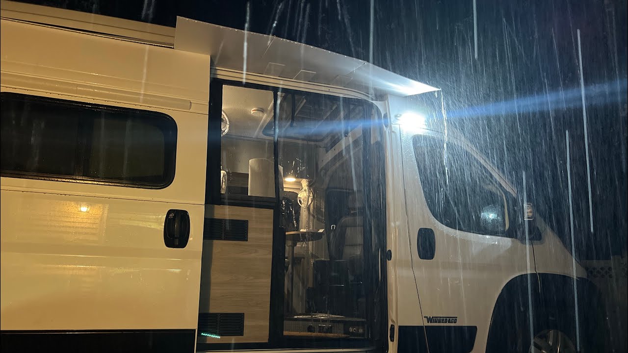 Testing my  Ram Promaster Slider Door Rain Awning in a Downpour