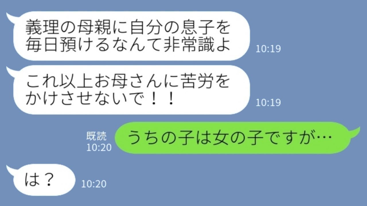 【LINE】義実家住みの義姉から突然のブチ切れ連絡「毎日お義母さんに息子を預けるなんて非常識でしょ！」私「うちの子は女の子ですが…」→姑が預かっていた子供の正体が…