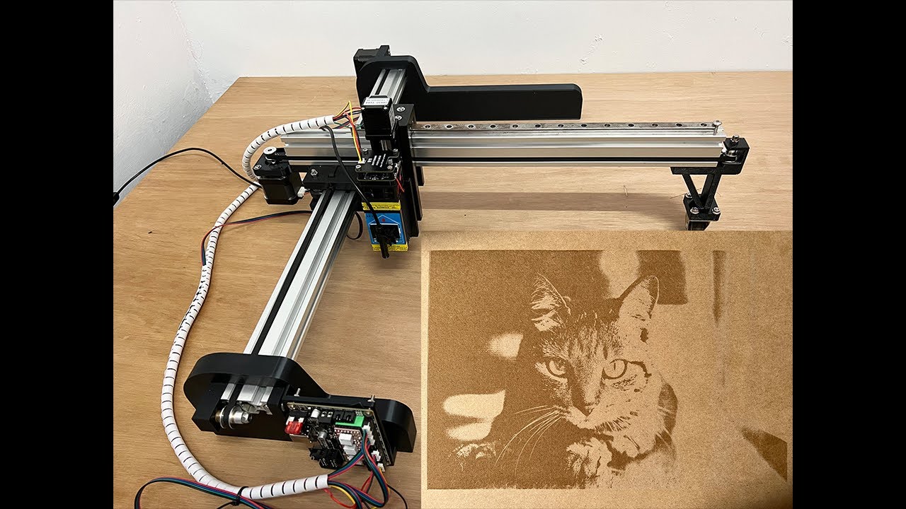 DIY 13W laser diode engraving machine, engraving a photo of a cat