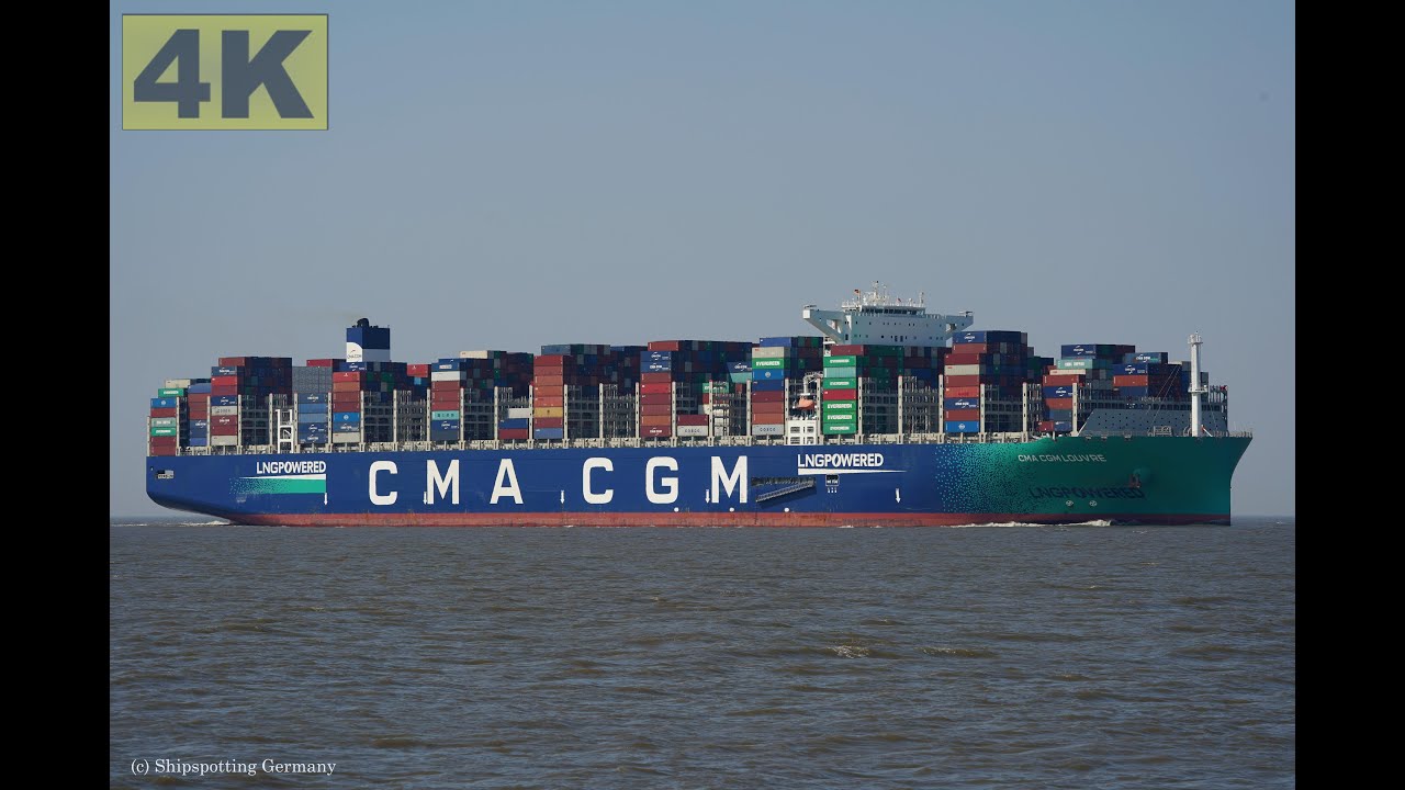 CMA CGM LOUVRE - Shipspotting Germany 🇩🇪 IMO 9839143 - River Elbe near City Otterndorf - 4K VIDEO