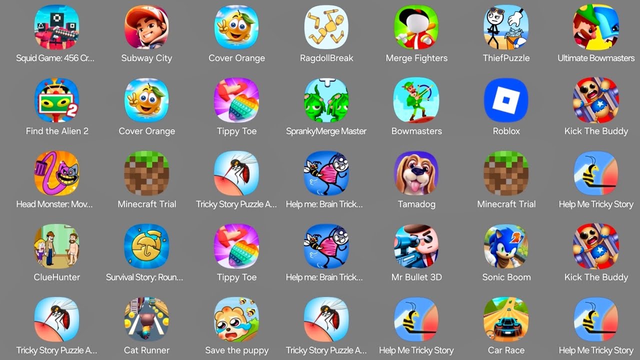 Subway City,Sprunki,Roblox,Squid Game,Help Me Tricky Story,Kick The Buddy,Tippy Toe,Bowmasters