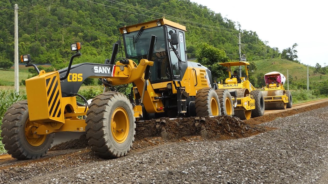Powerful Operating Team SANY Motor Grader Mixing Gravel Process & Road Roller To Build Base Course