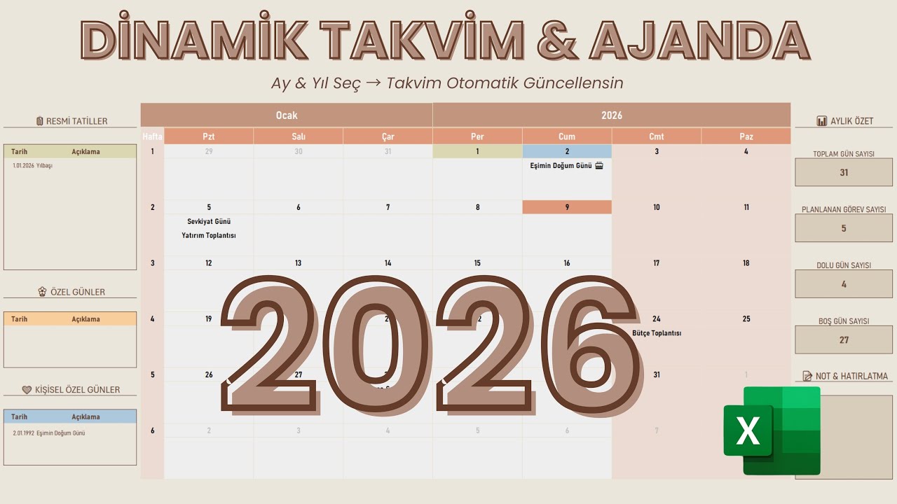 Excel'de Dinamik Takvim & Ajanda Paneli | Resmi Tatiller, Özel Günler, Görev Takibi