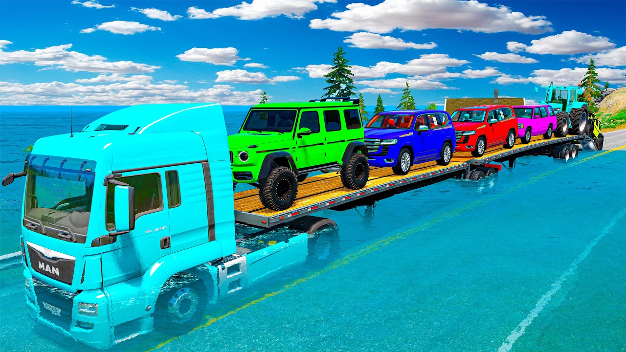 Flatbed Trailer McQueen Transportation with Truck - Speedbumps vs Cars vs Train - BeamNG.Drive #73
