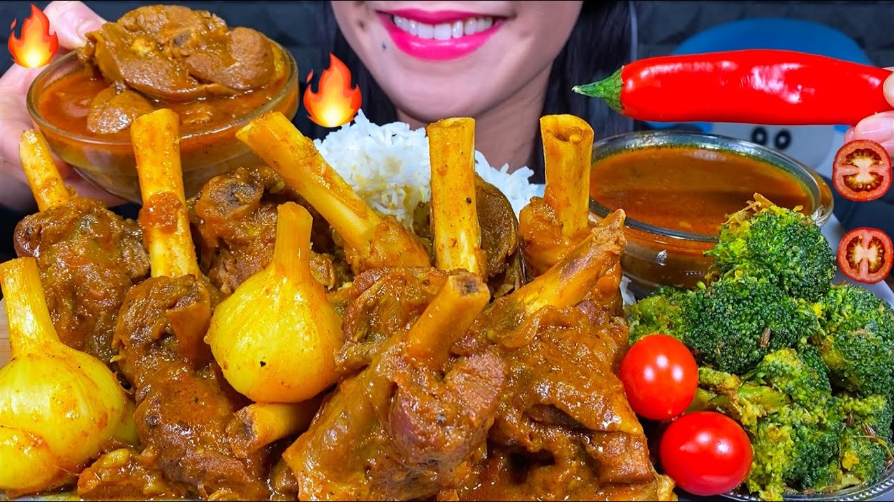 ASMR SPICY MUTTON BONE CURRY, GARLIC CURRY, BROCCOLI FRY, RICE MASSIVE Eating Sounds