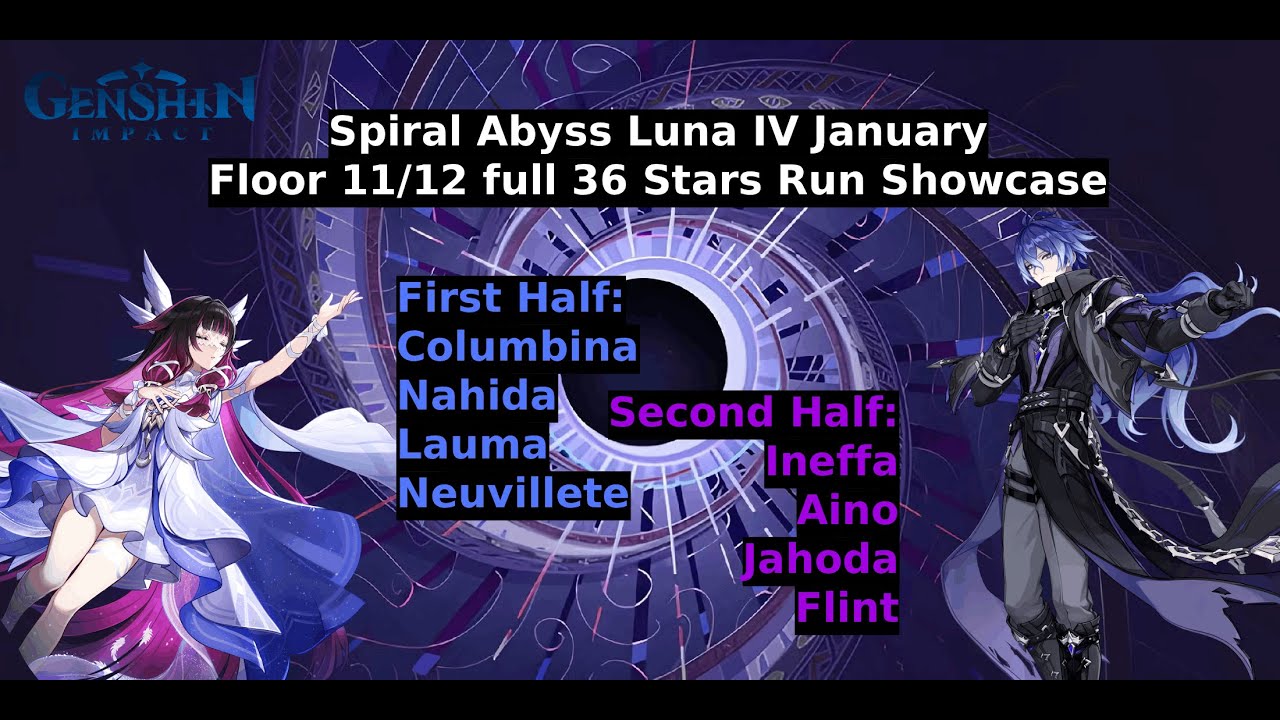 Genshin Impact: Spiral Abyss Luna IV January - Floor 11 And Floor 12 - 36 Stars Full Run Showcase