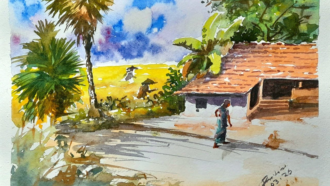VILLAGE SCENARY PAINTING BY WATERCOLOUR 