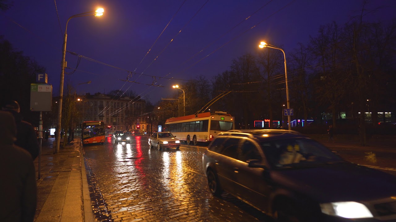 Lithuania, Vilnius, Stotis train station / bus / trolley bus stop @ night