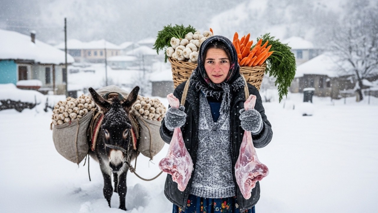 A Freezing Snowy Day in the Village | Cooking Beef Legs with Lavash Bread