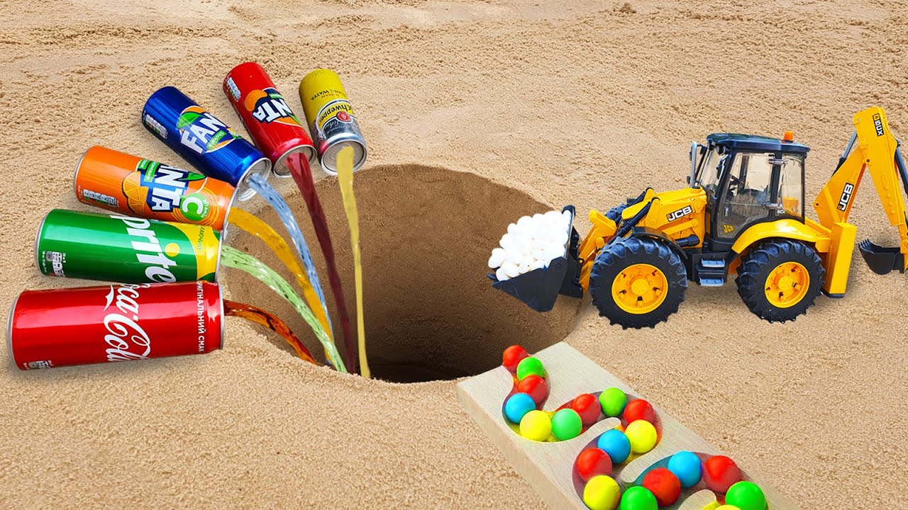 Fanta, Coca-Cola, Sprite VS Excavator JCB, Balls and Mentos