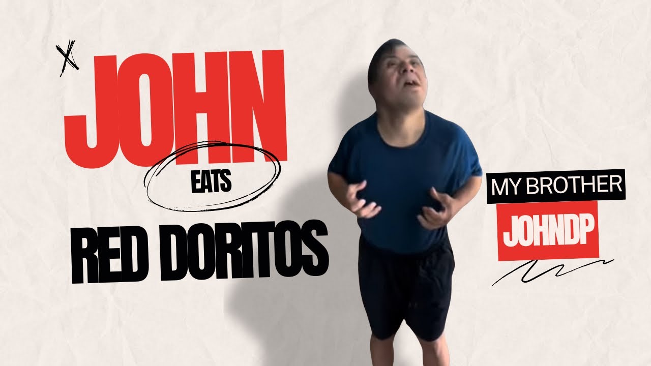 Anna Grace catches John eating a red bag of Doritos.
