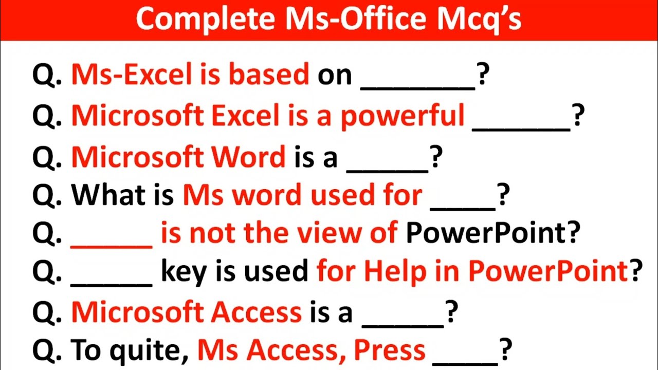 Top 50 Ms Office Mcq | Ms Excel mcq, Ms Word mcq, Ms PowerPoint mcq, & Ms Access mcq's #msofficemcq