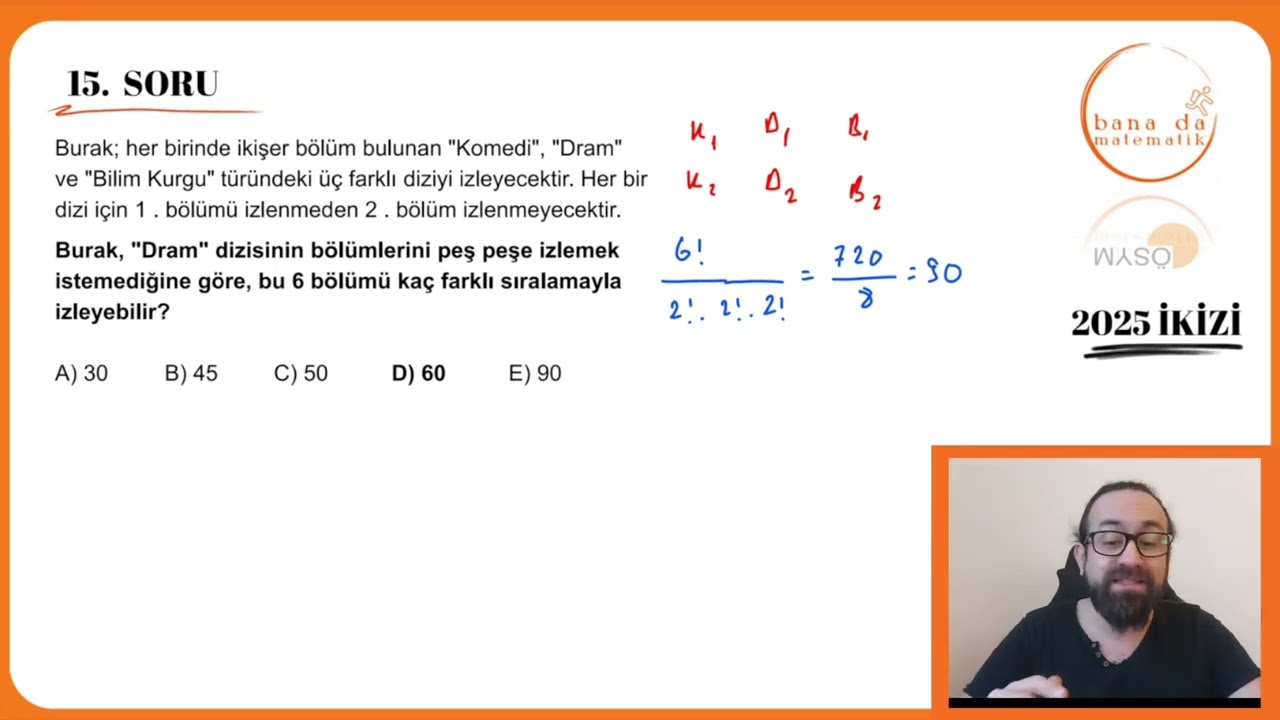 2025 AYT Matematik Soru 15: Permütasyon Tekrarlı + İkizi