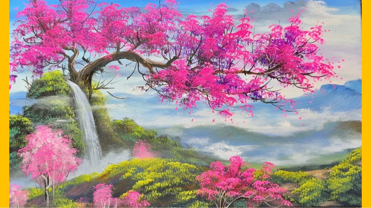Full Process Painting Cherry Blossom Tree on a Mountain Peak | Beautiful Cloudy Mountain Landscape 
