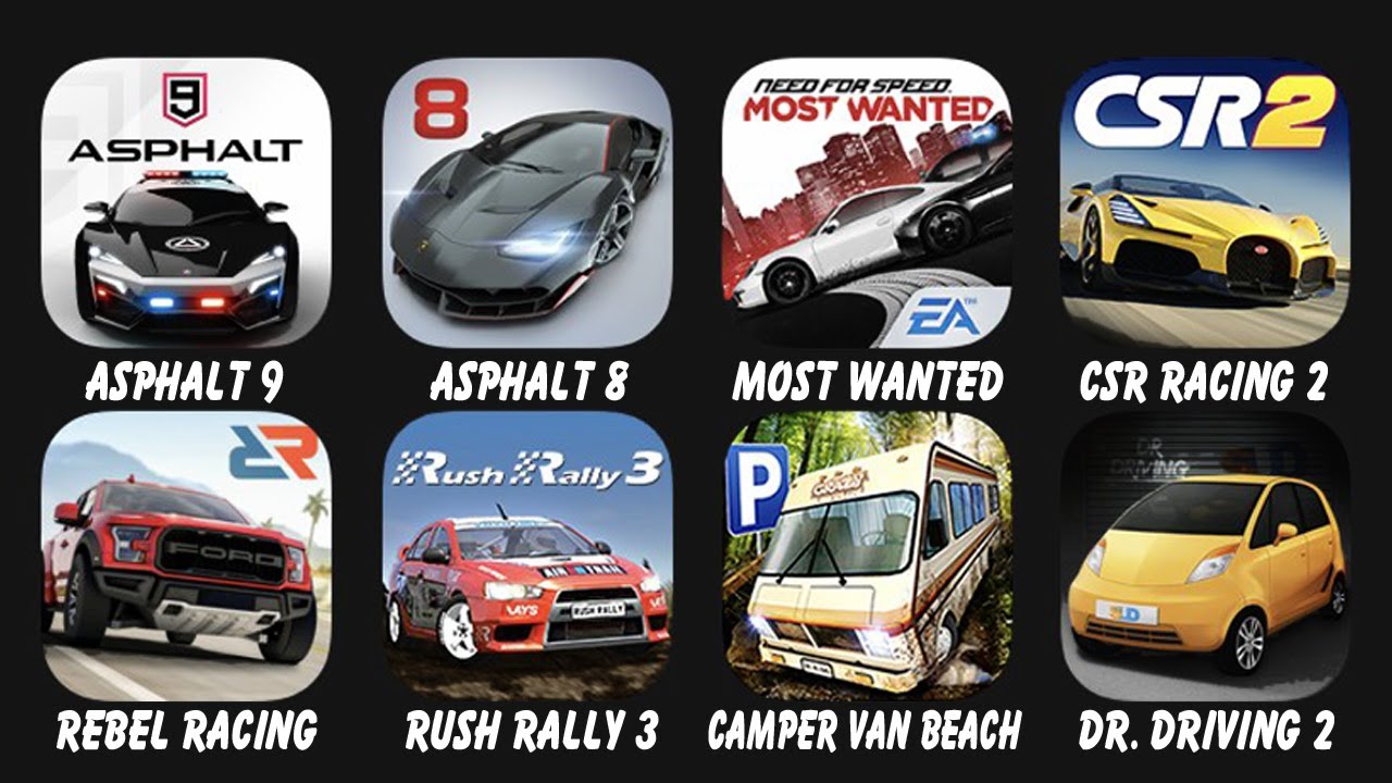 Asphalt 9, Asphalt 8, Most Wanted, CSR Racing 2, Rebel Racing, Rush Rally 3, Camper Van Beach....